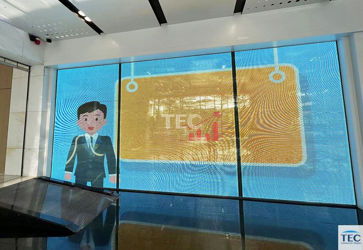 Commercial bank window glass video solutions, Skyline-4, 4mm transparent film led display showcase