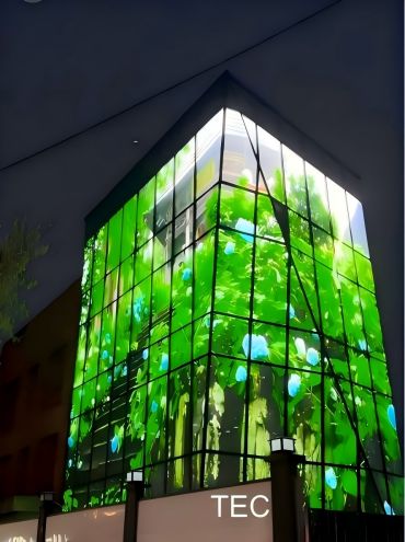 Architecture glass facade advertising media board solutions, Skyline-10 adhesive film LED screen showcase