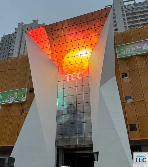 Large-format building glass facade DOOH transparent video wall solutions, Skyline-10 Sticky film LED panel showcase
