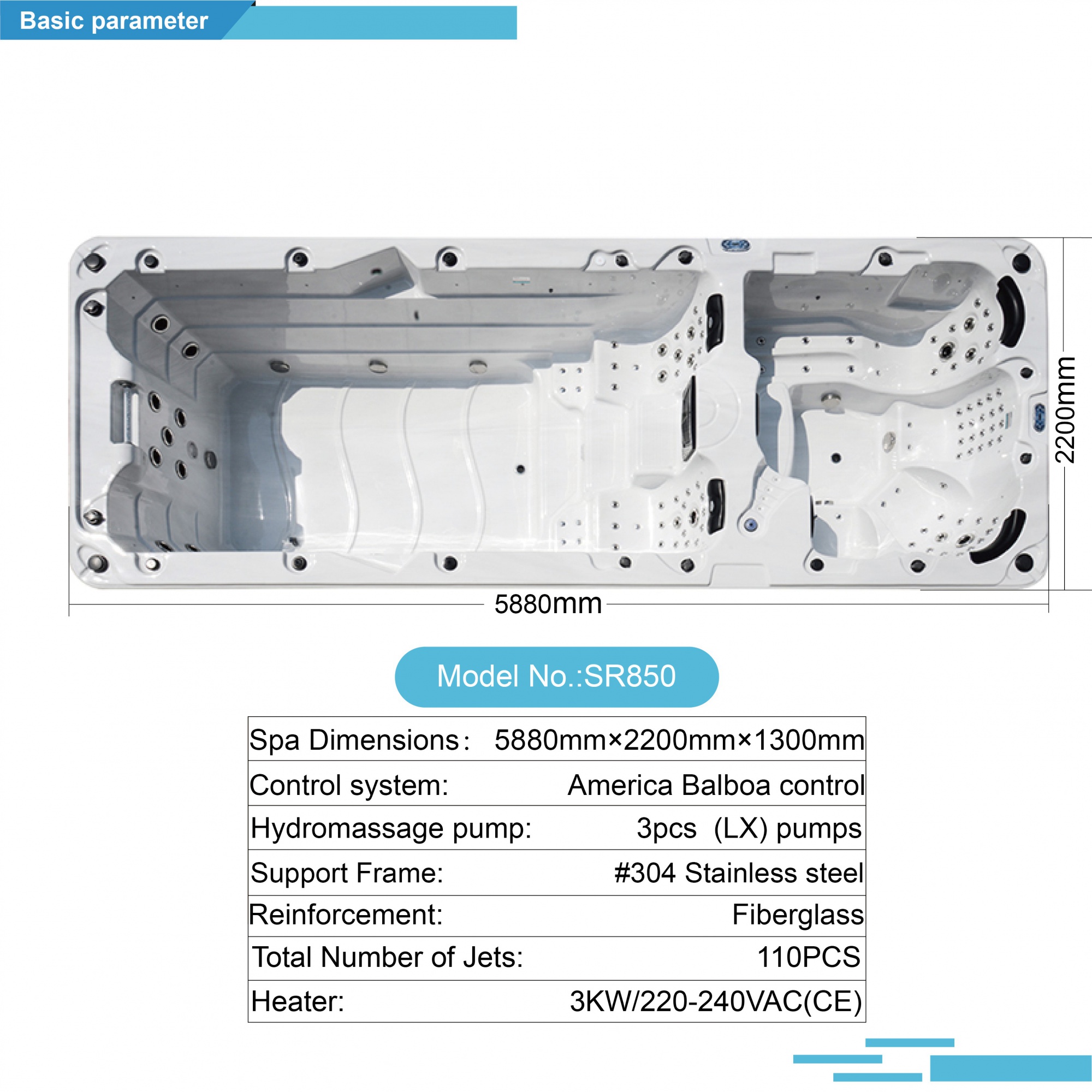 Model SR850 Sunrans Wholesale Dual Zone Hot Tub Swimming Pool Balboa Spa Control System Hottub Outdoor Endless Pool Two Tier Swim Spa