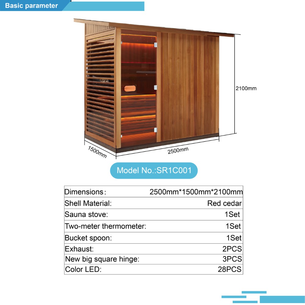 Outdoor Cedar Sauna Room with Tinted Glass Doors and 6KW Heater – Model SR1C001