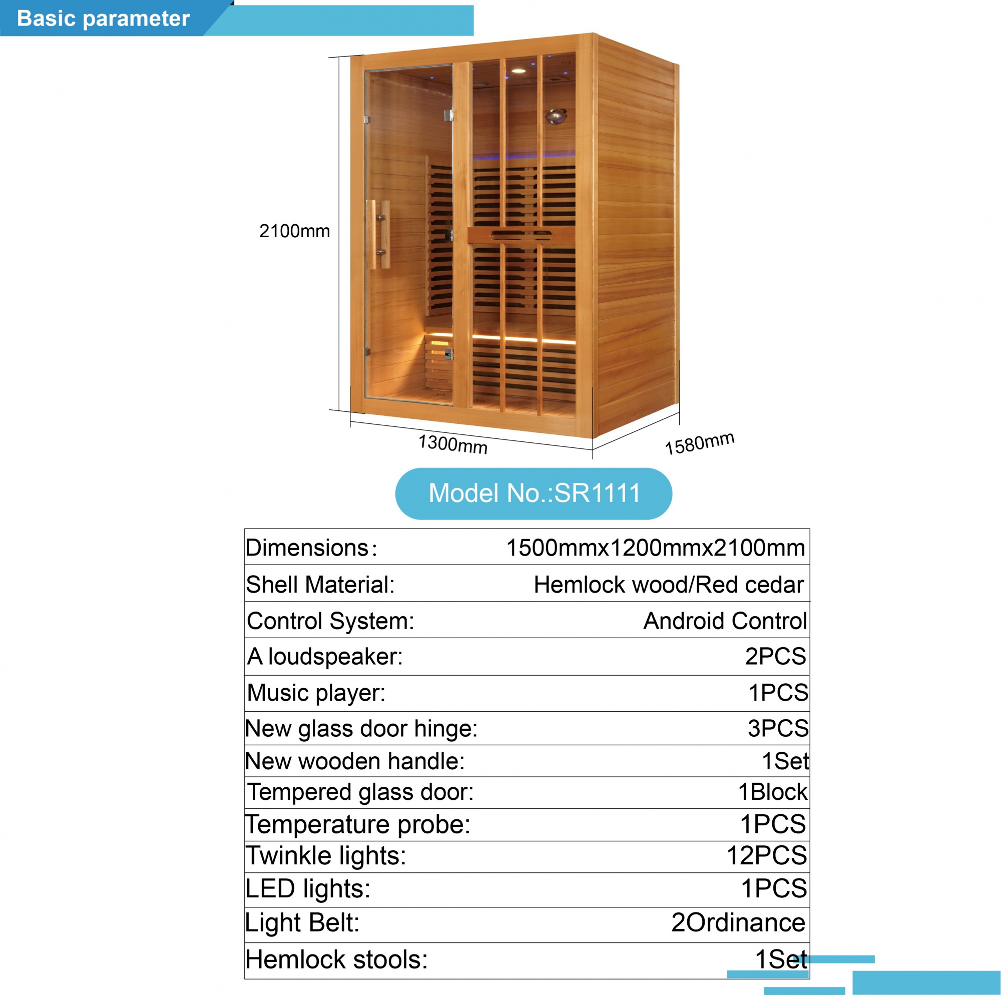 Infrared Sauna Room with Canadian Hemlock Wood – Model SR1111