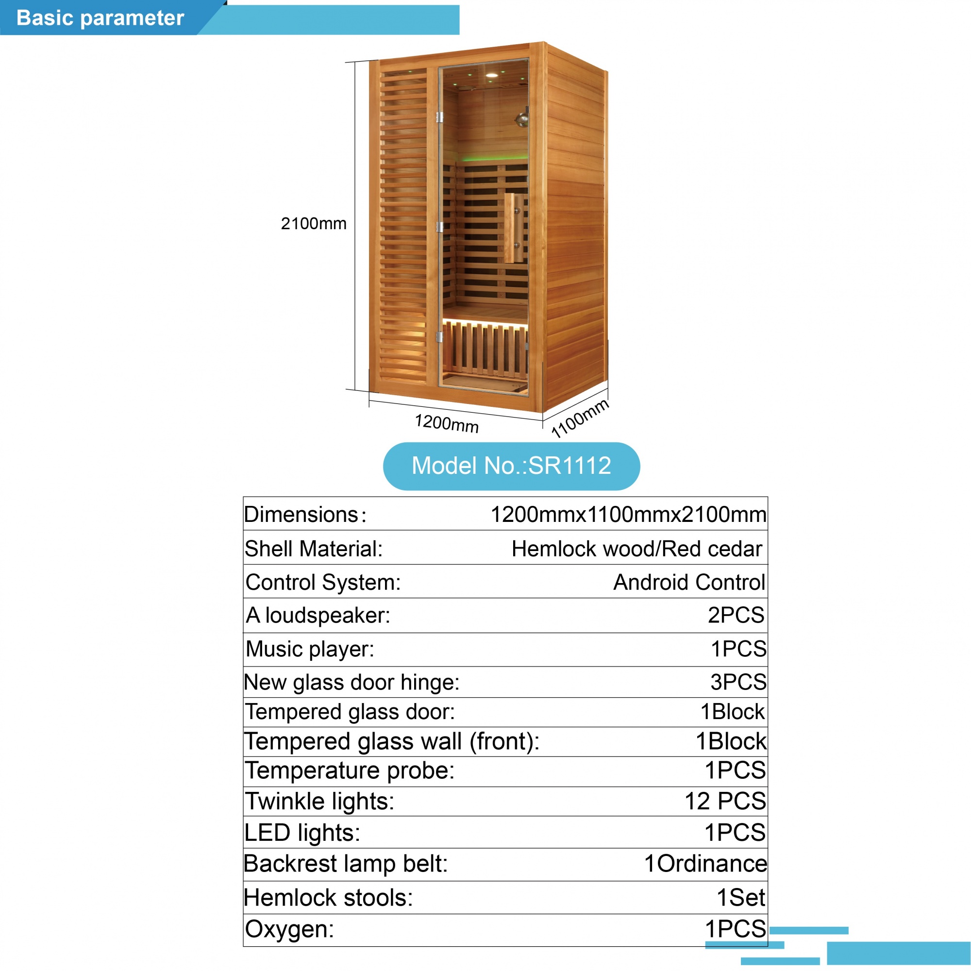 Infrared Sauna Room with Canadian Hemlock Wood and Android Control System – Model SR1112