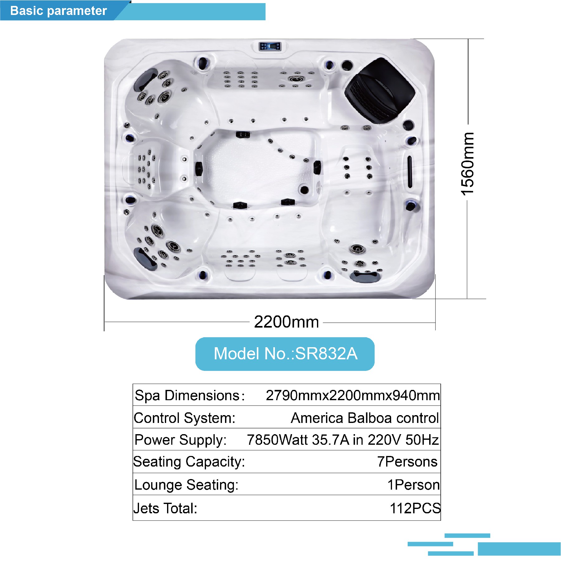 Luxurious Outdoor Hot Tub SR832A with 7 Seats and 1 Lounger