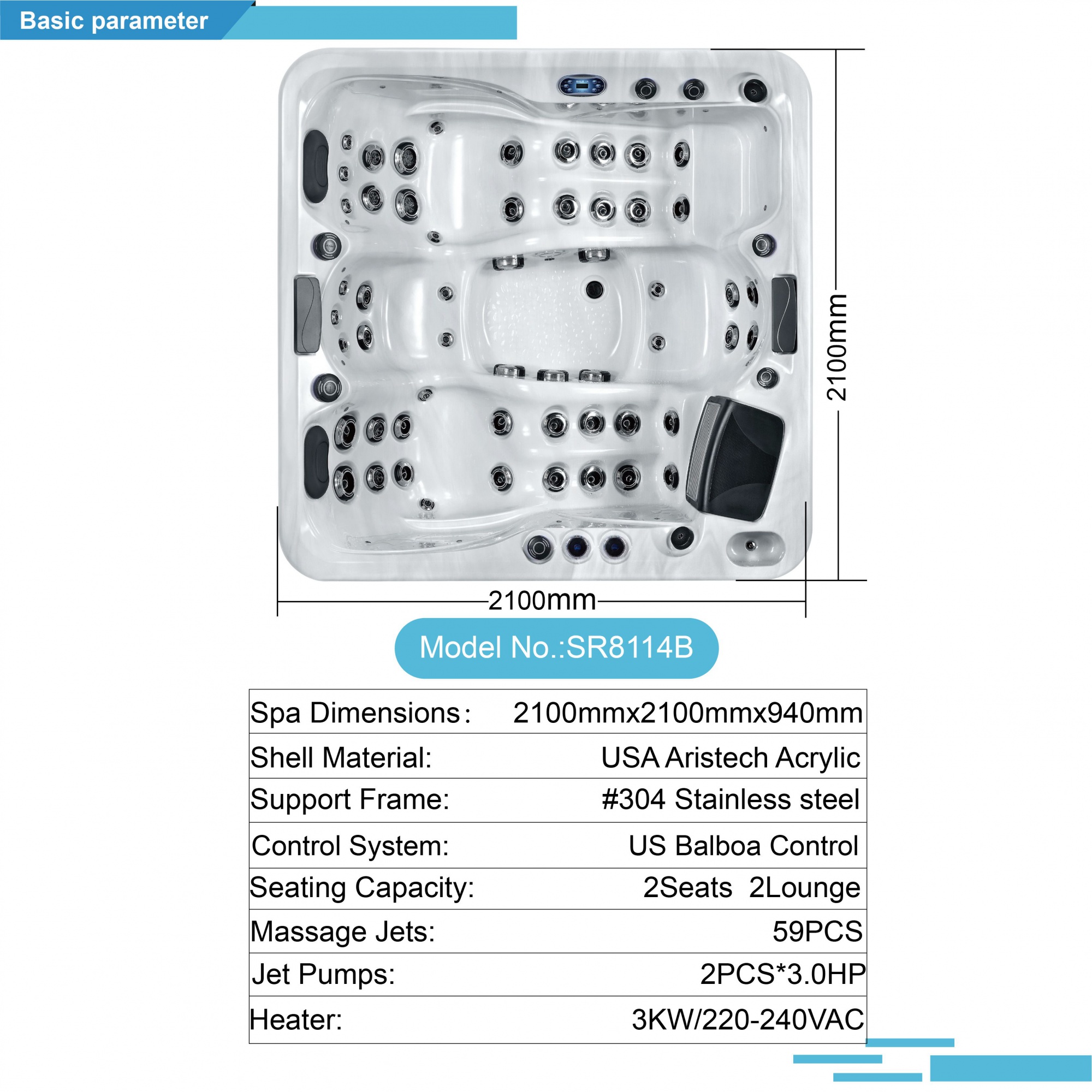 Compact Luxury Outdoor Hot Tub with 2 Seats and 2 Loungers （SR8114B）