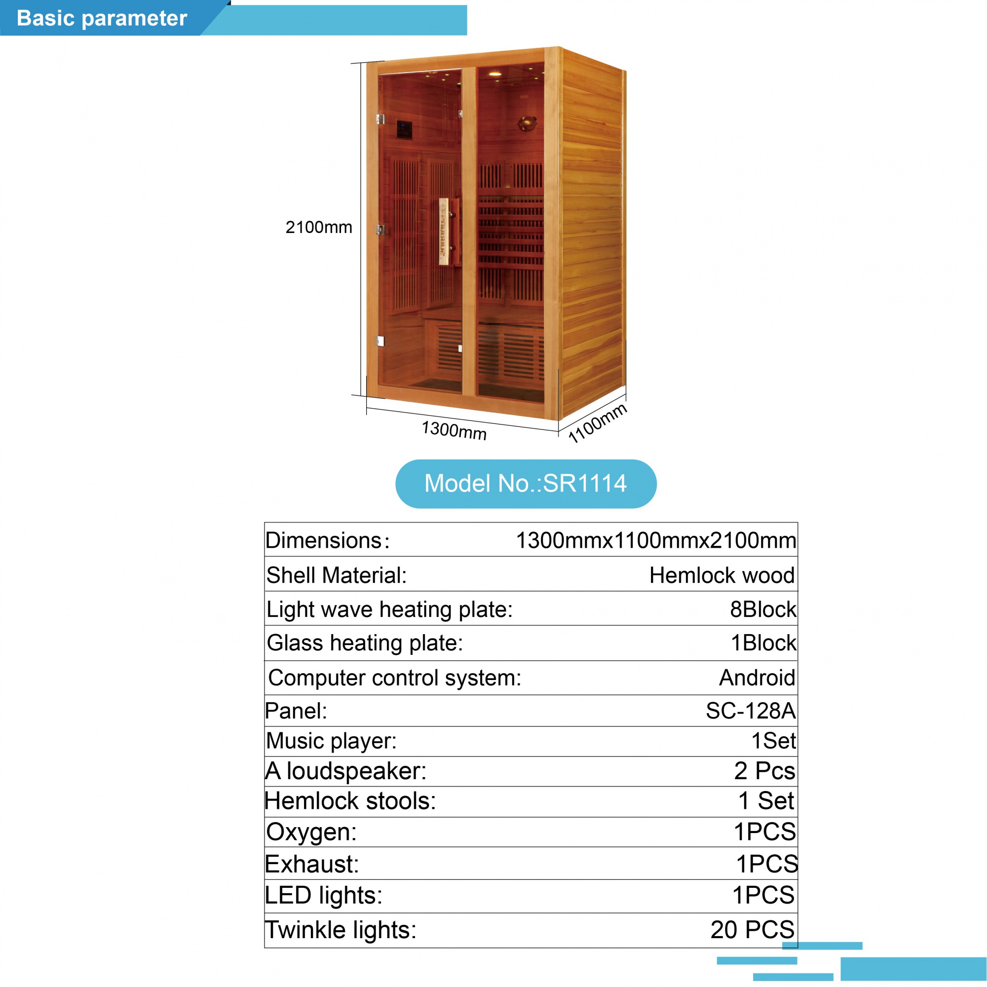 SR1114 Infrared Sauna Room Made from Canadian Hemlock
