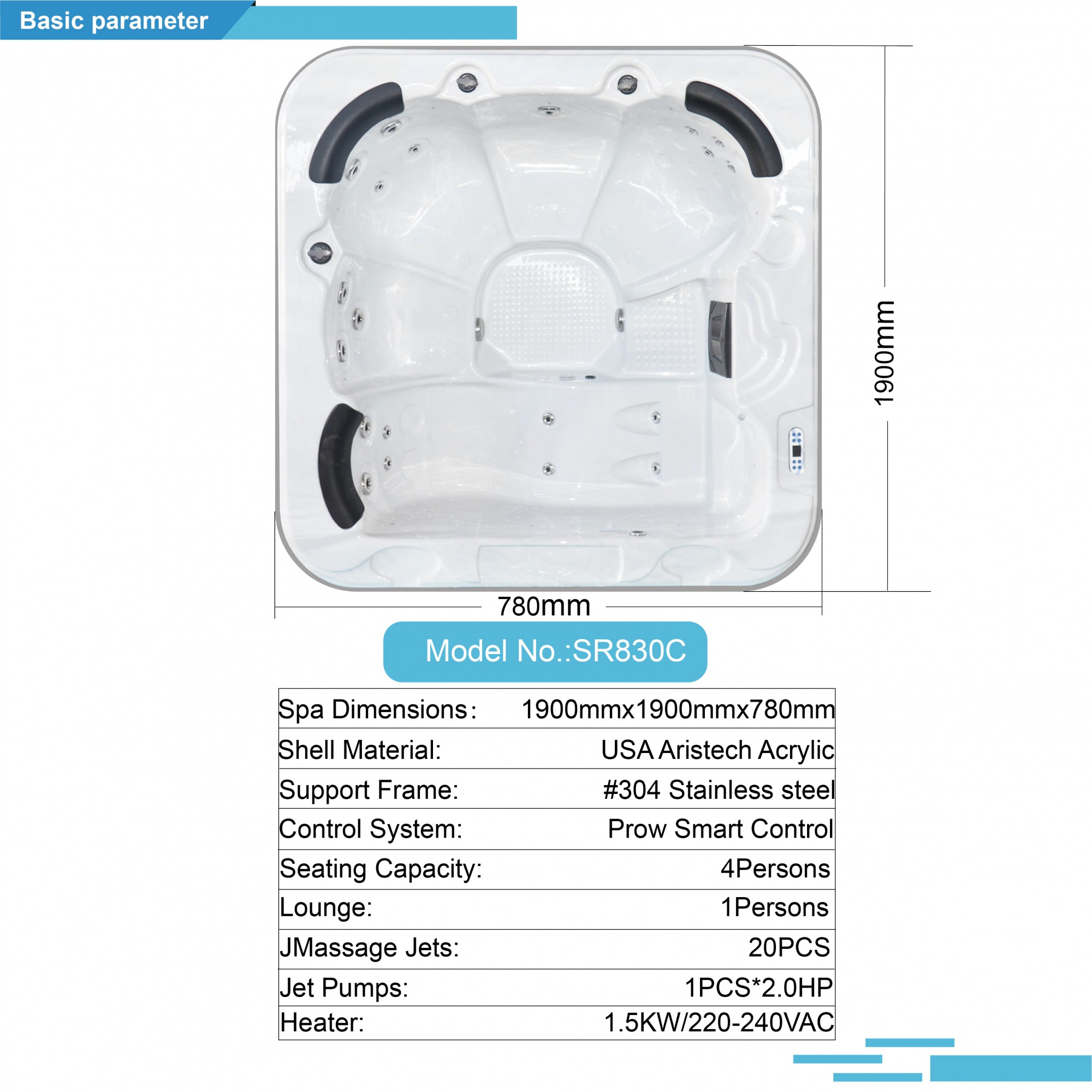 Sunrans SR830C Luxurious 3-Person Outdoor Massage Spa Bathtub Small Size Whirlpool Hot Tub for Garden Use