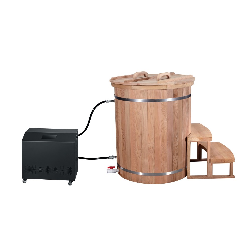 SR-BT1006 Ice Barrel 304 Stainless Steel Hot Cold Plunge Tub with Ozone System 1HP Heat Pump Canadian Red Cedar for Outdoor Recovery Therapy