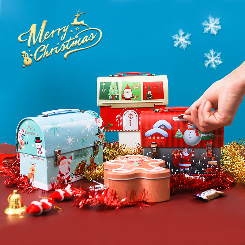 CHRISTMAS TIN SUITCASE COOKIE CANDY LUNCH TIN BOX WITH HANDLE