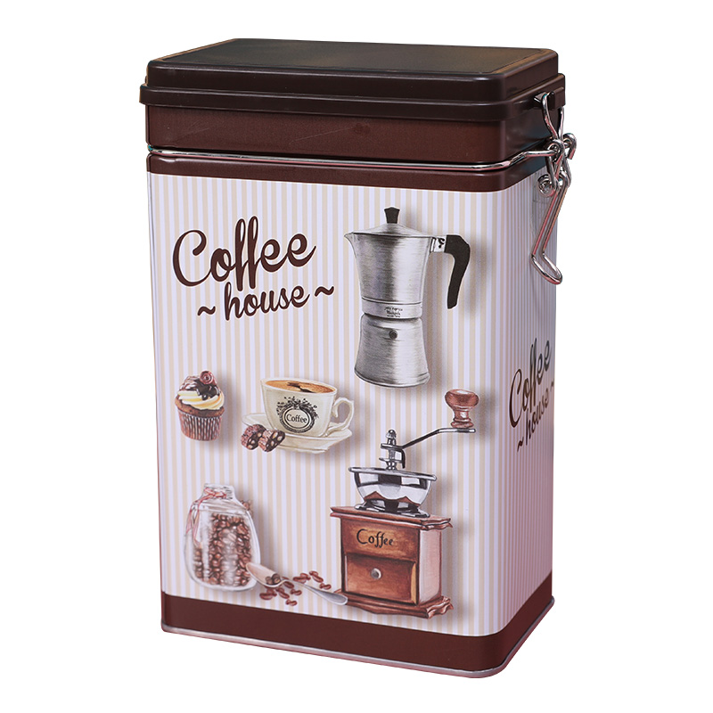 Hinged rectangular metal coffee tin box with lock and plastic seal lid