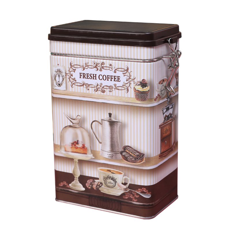 Hinged rectangular metal coffee tin box with lock and plastic seal lid