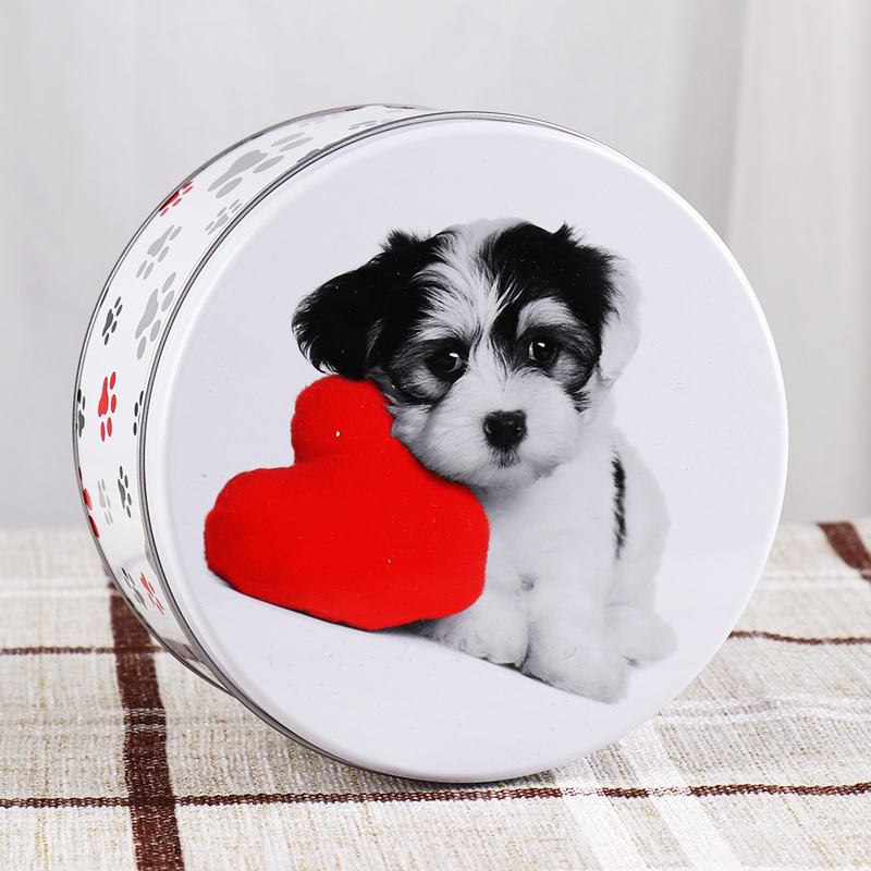 Round cute cartnoon tin box for pet toys