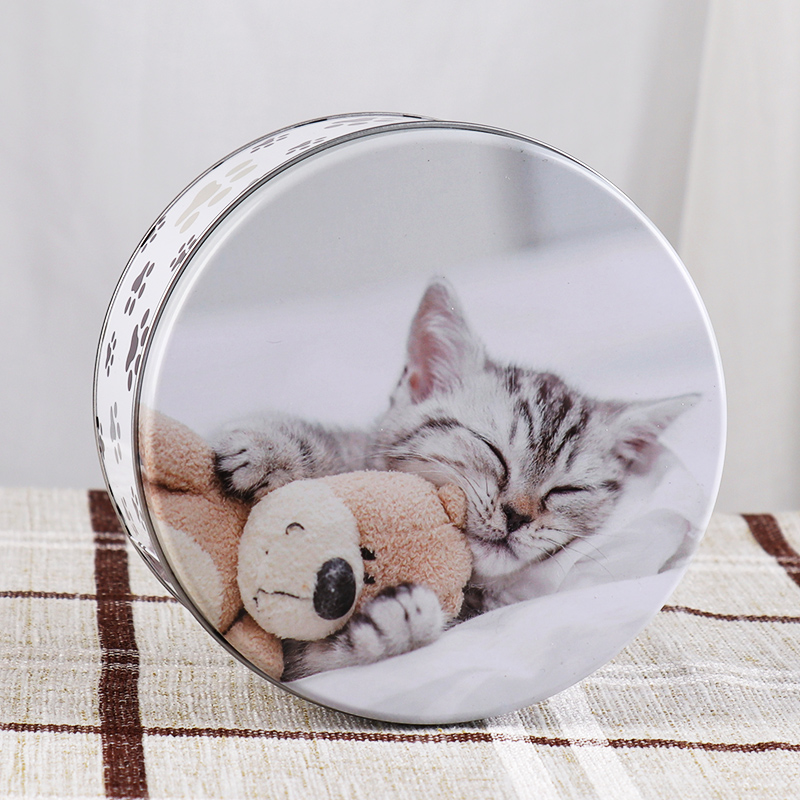 Round cute cartnoon tin box for pet toys