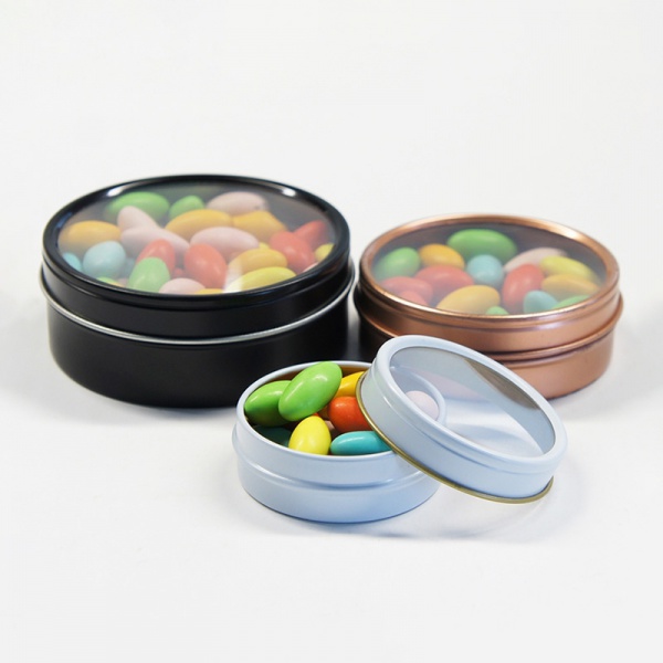 Round window tin box for candy or sweets