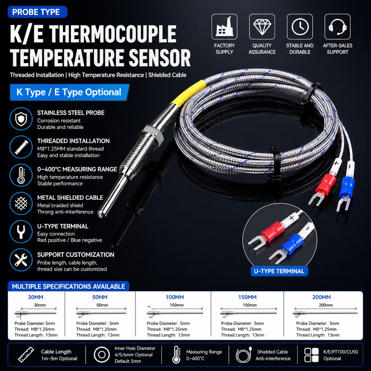 Probe Type K/E Thermocouple Threaded Temperature Sensor with Metal Shielded Cable