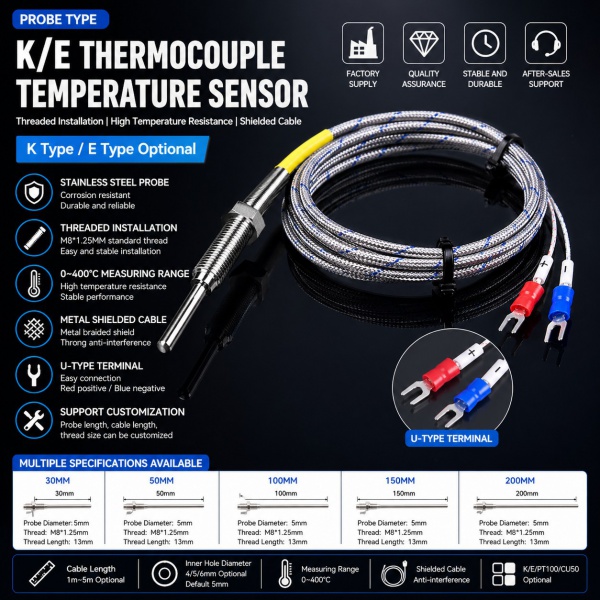 Probe Type K/E Thermocouple Threaded Temperature Sensor with Metal Shielded Cable