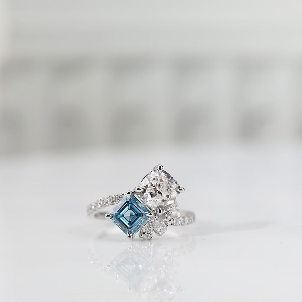 White Cushion Blue Asscher Cut Double Diamond 18K Gold Diamond Ring