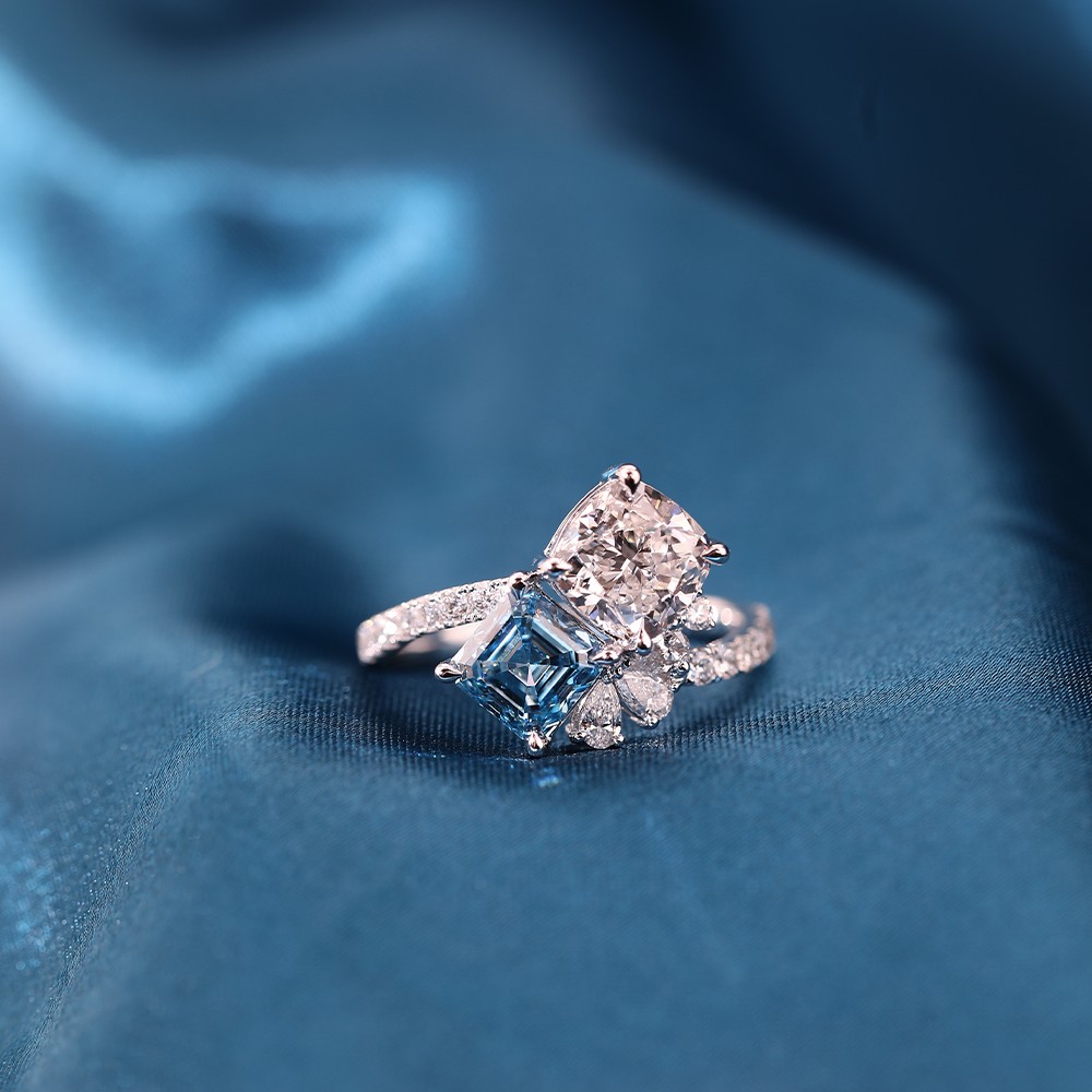 White Cushion Blue Asscher Cut Double Diamond 18K Gold Diamond Ring
