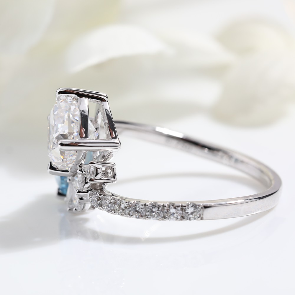 White Cushion Blue Asscher Cut Double Diamond 18K Gold Diamond Ring