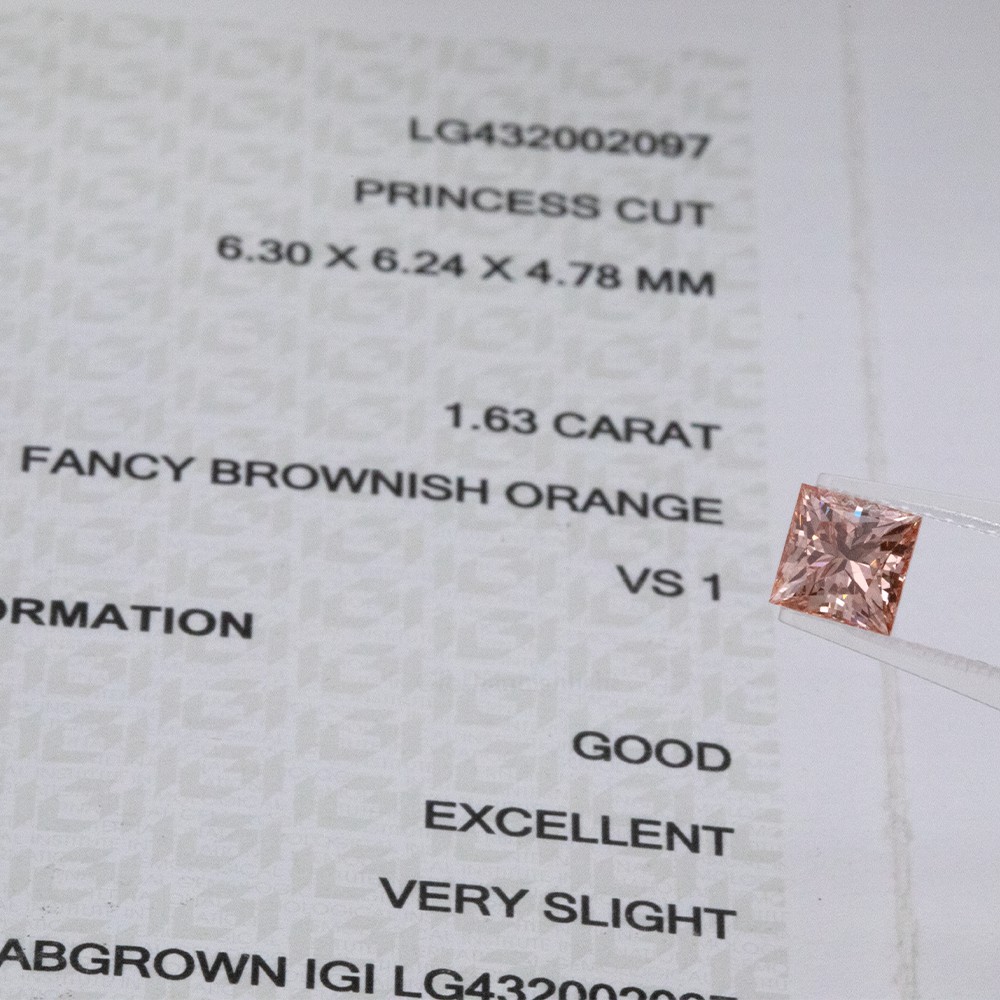 1.63ct Fancy Brownish Orange Princess-cut CVD Diamond