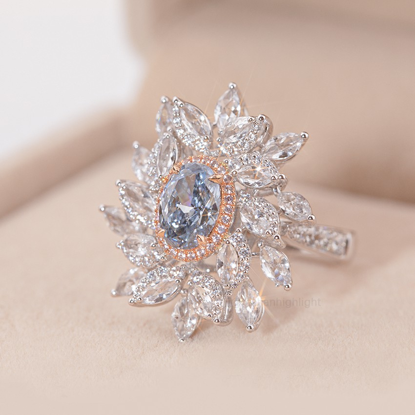 [Palace Series - Chiba] Blue Oval Main Stone Luxury Design 18K Gold Diamond Ring