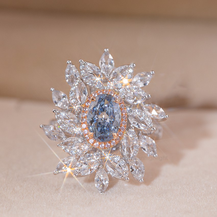 [Serie Palacio - Chiba] Anillo de oro de 18 quilates con diamantes y piedra principal ovalada azul, diseño de lujo