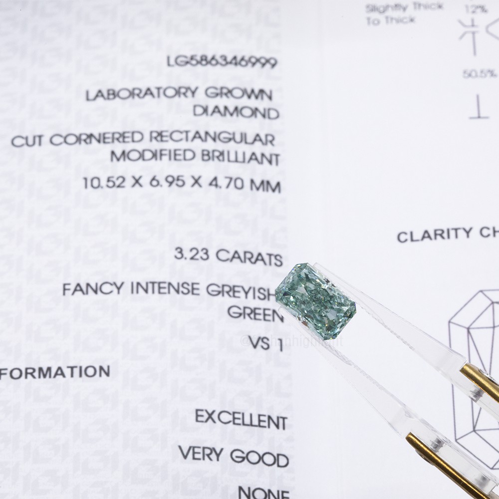 3.23ct Fancy intenso grisáceo verde radiante corte CVD diamante