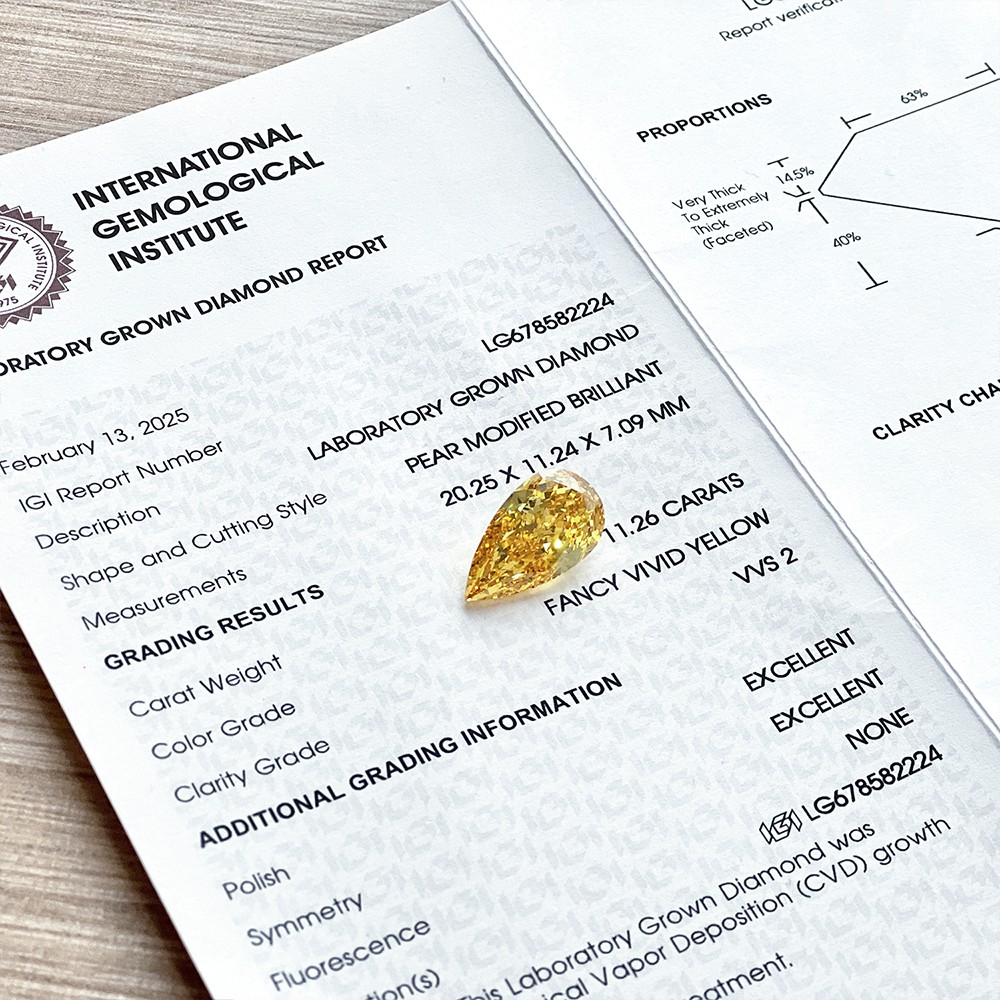 11.26ct gran quilate fantasía amarillo vívido pera forma CVD diamante