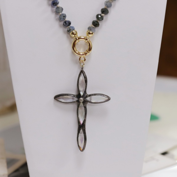 Bohemian style, Handmade Natural Stone Necklace paired with a Cross natural stone pendant