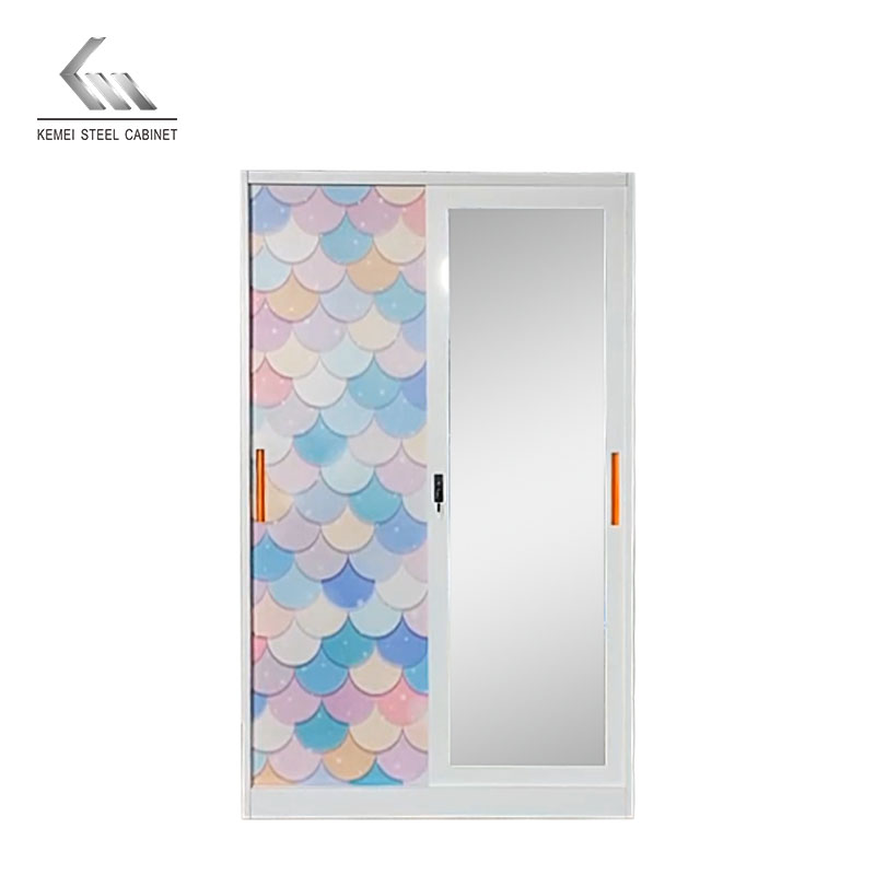 Metal 2 Sliding Door Steel Printing Wardrobe with Mirror