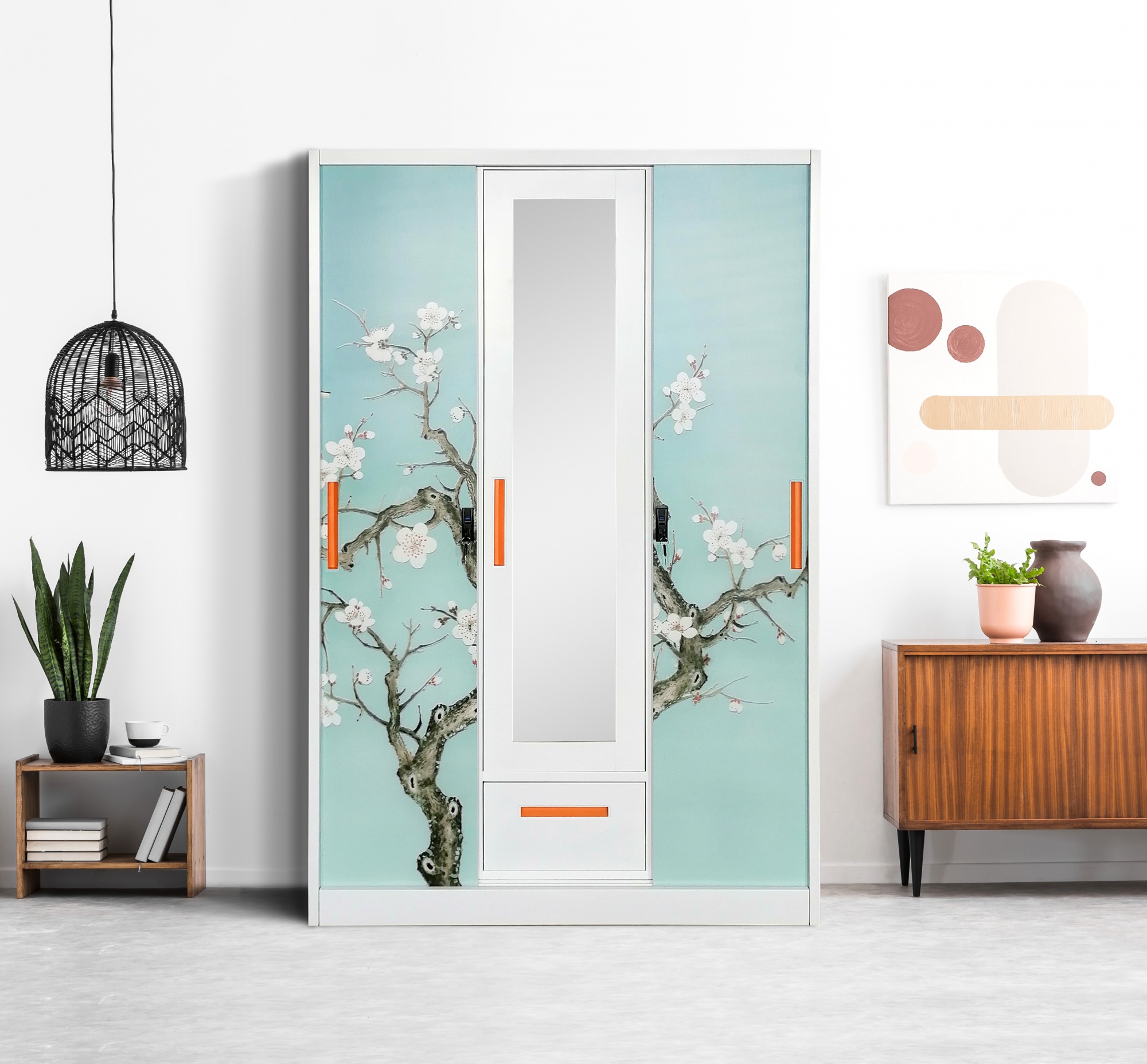 Customized Three Door Steel Wardrobe with Drawer and Mirror