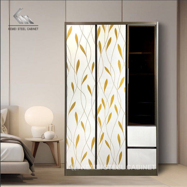 Printed 3 Door Steel Almirah Glass Door Metal Wardrobe with LED