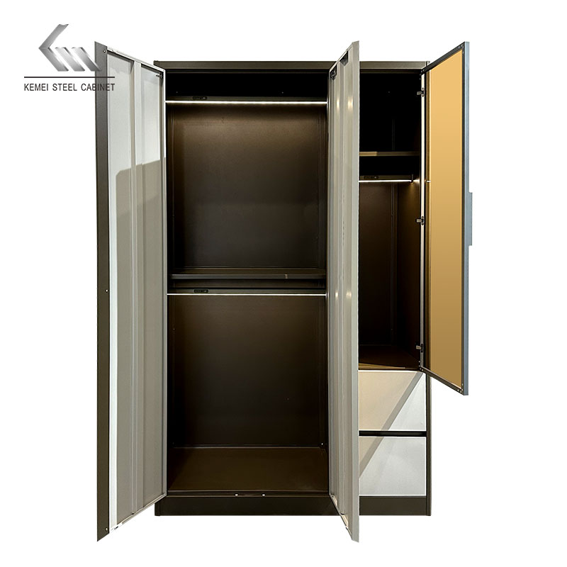 Printed 3 Door Steel Almirah Glass Door Metal Wardrobe with LED