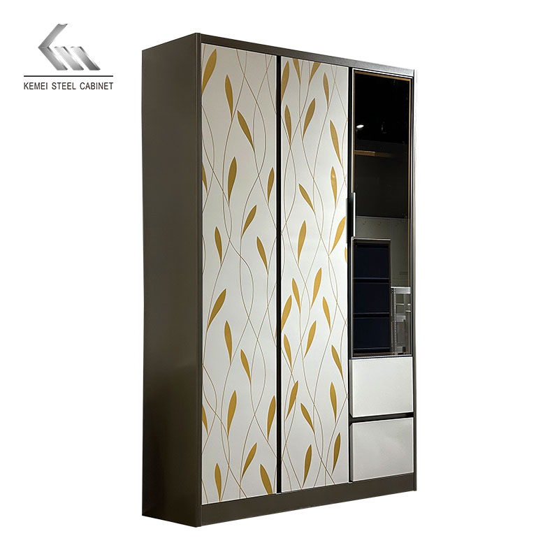 Printed 3 Door Steel Almirah Glass Door Metal Wardrobe with LED