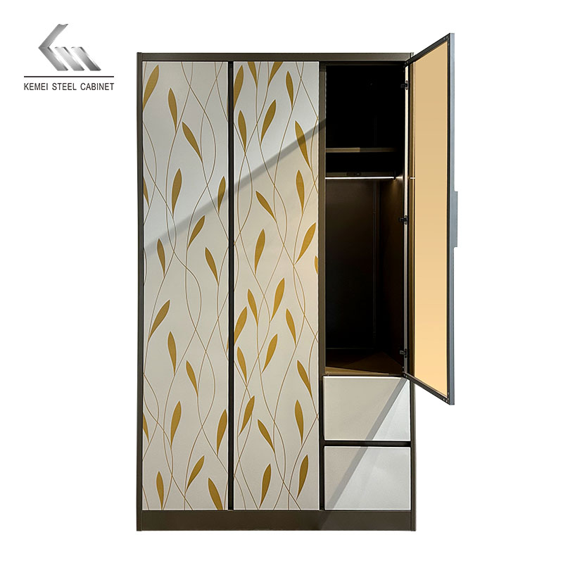 Printed 3 Door Steel Almirah Glass Door Metal Wardrobe with LED