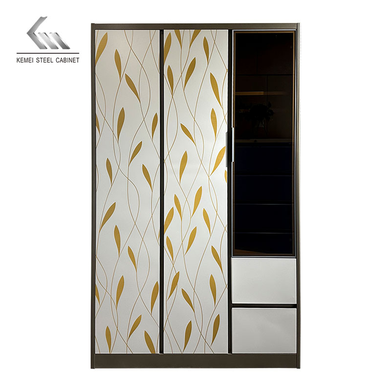 Printed 3 Door Steel Almirah Glass Door Metal Wardrobe with LED