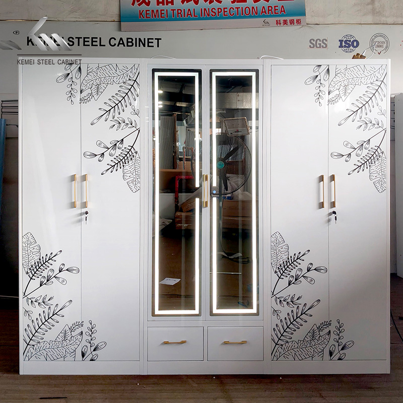 6 Door Led Light Mirror Iron Closet Cabinet Metal Steel Armoire Wardrobe