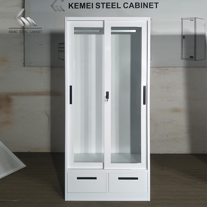 Glass Sliding Door Wardrobe with Two Drawers