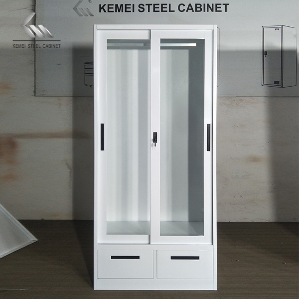 Glass Sliding Door Wardrobe with Two Drawers