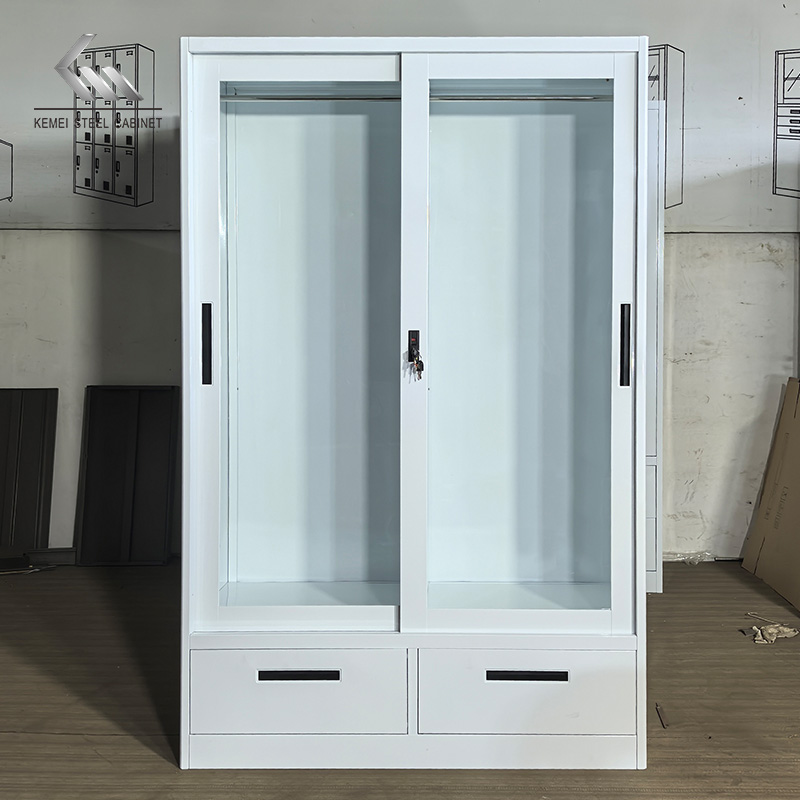 Glass Sliding Door Wardrobe with Two Drawers