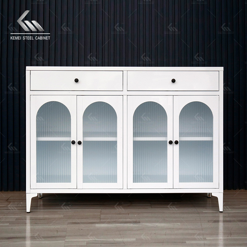 French Style White Steel Arched Glass Sideboard Cabinet