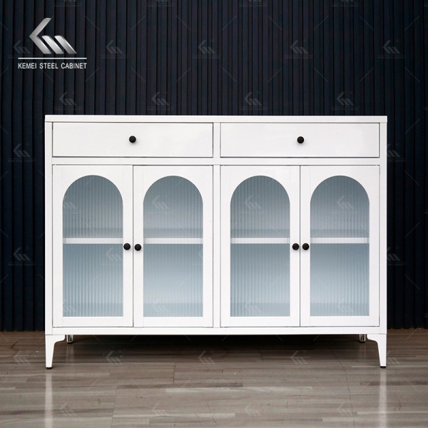 French Style White Steel Arched Glass Sideboard Cabinet