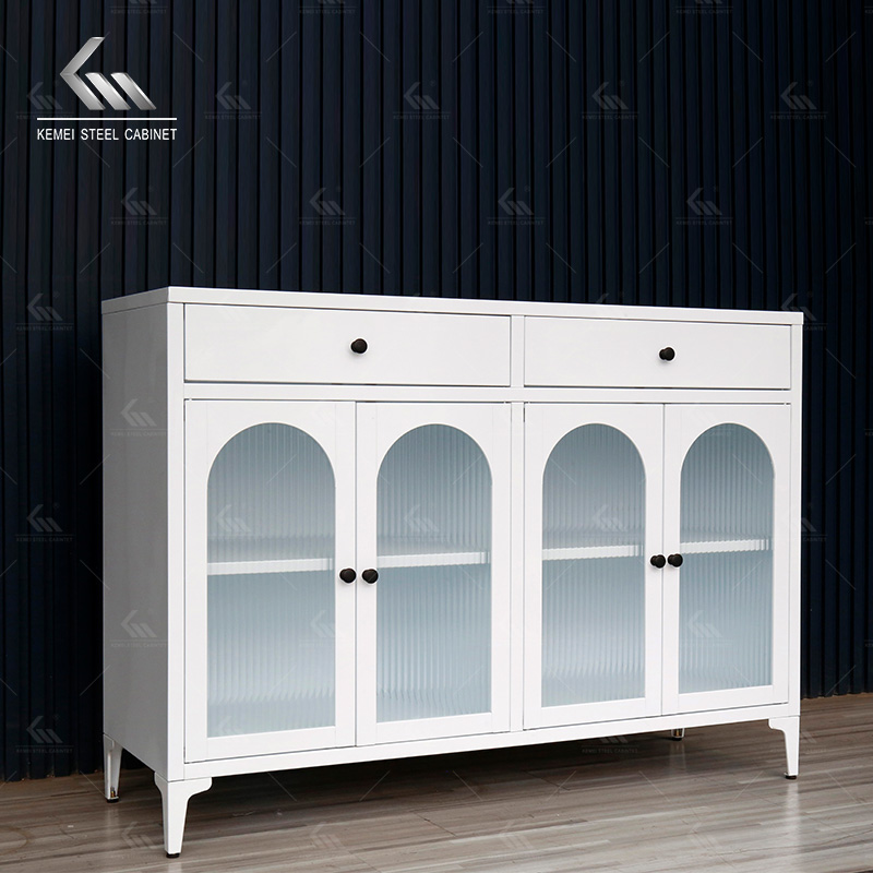 French Style White Steel Arched Glass Sideboard Cabinet