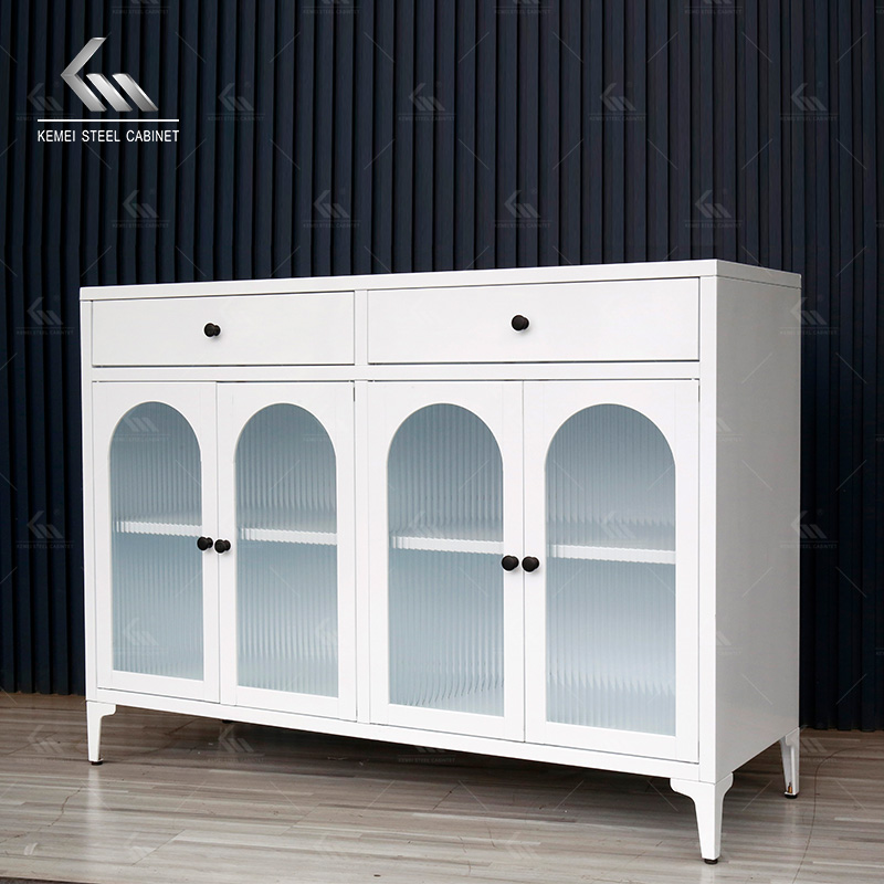 French Style White Steel Arched Glass Sideboard Cabinet