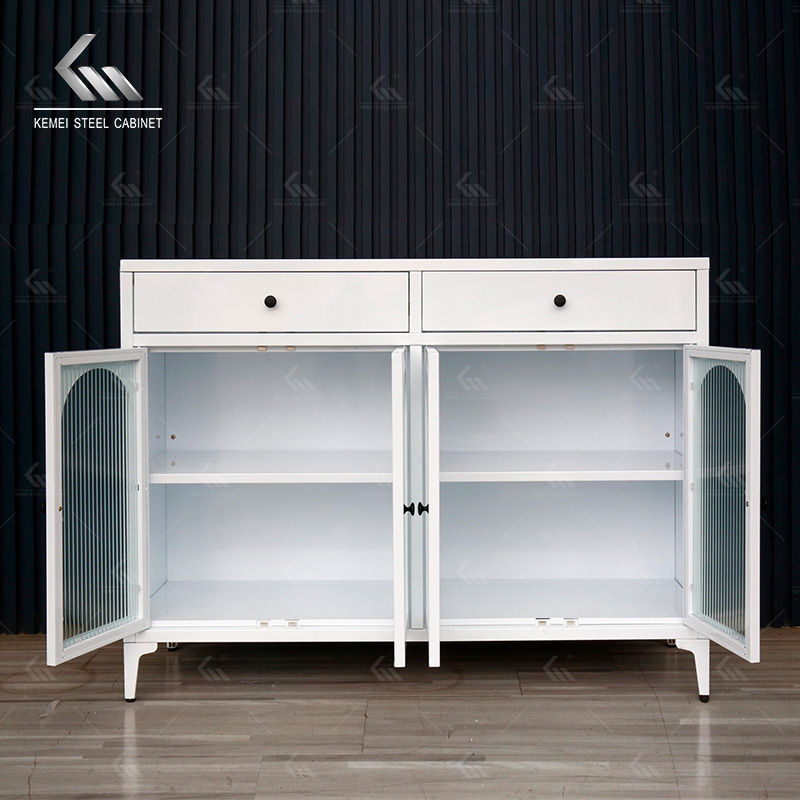 French Style White Steel Arched Glass Sideboard Cabinet