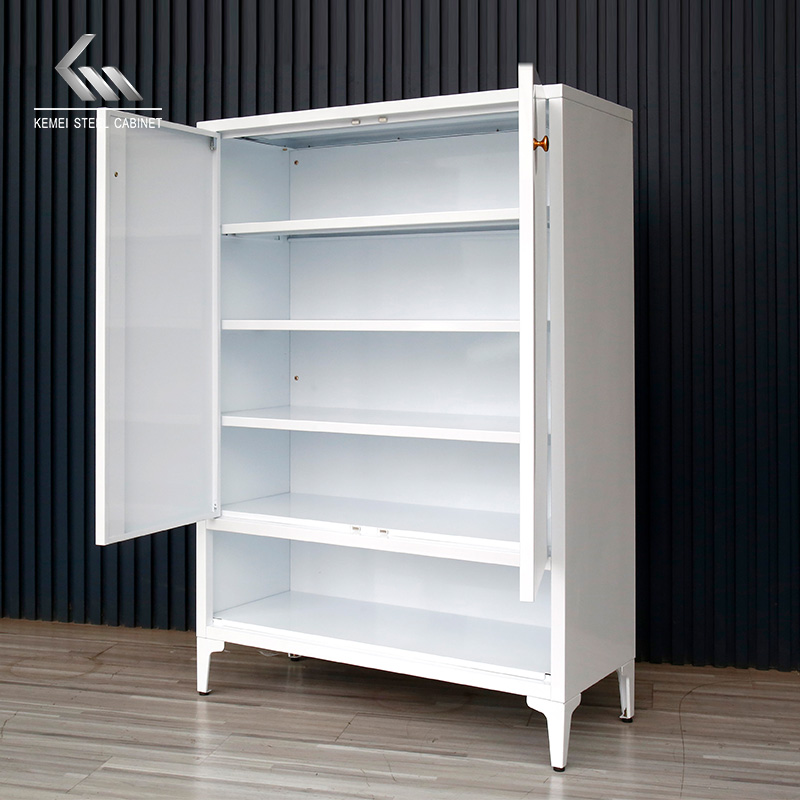 Minimalist White 2-Door Steel Storage Cabinet with Open Shelf