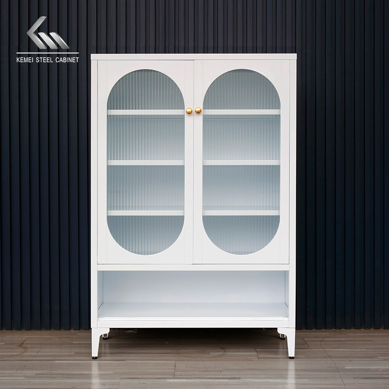 Fluted Glass Arched Door Steel Sideboard with Gold Knobs
