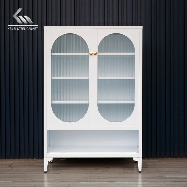 Fluted Glass Arched Door Steel Sideboard with Gold Knobs