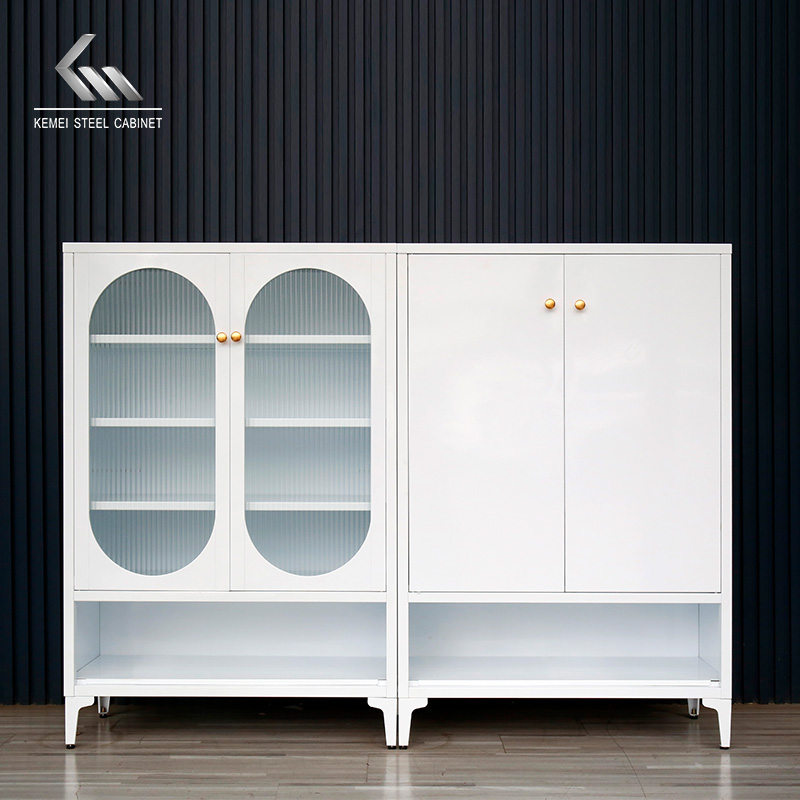 Fluted Glass Arched Door Steel Sideboard with Gold Knobs