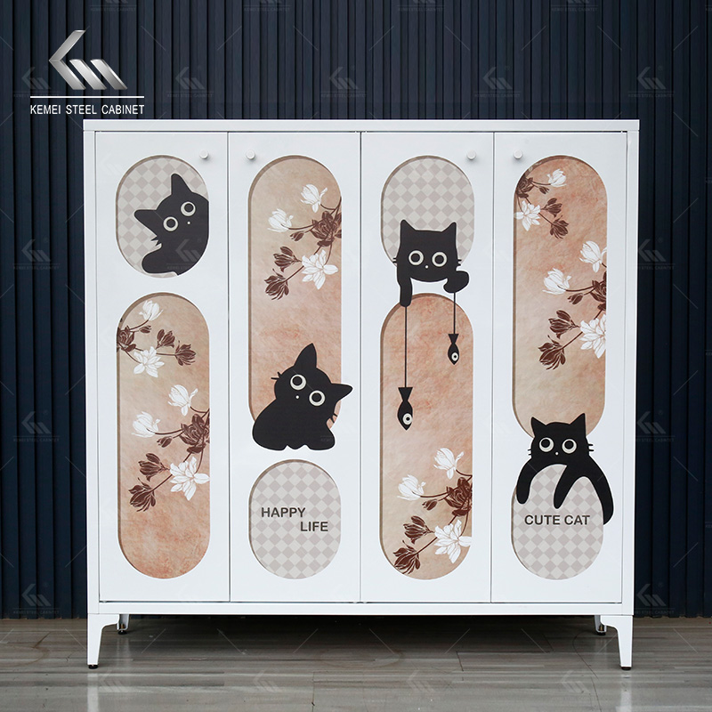 White 4-Door Cute Cat Print Steel Shoe Cabinet for Entryway